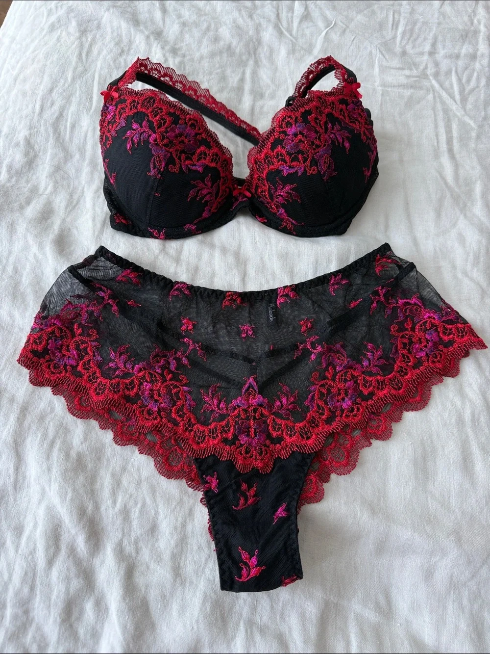 Aubade Black Bra & Sheer Briefs Set with Red and Pink Embroidery